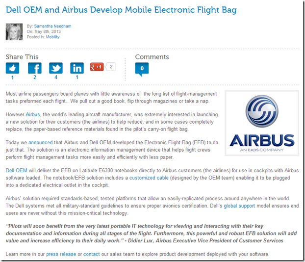 Dell OEM and Airbus develop mobile Electronic Flight Bag