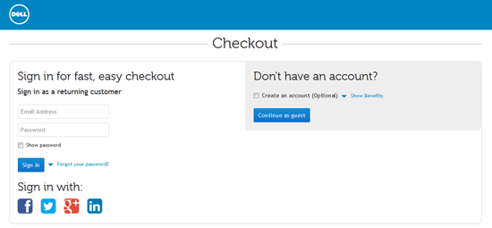 Screenshot example of social sign-in for check out on dell dot com