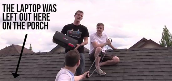 Screenshot of LinusTechTips video where he shows the porch his Dell XPS 12 was left on in the rain