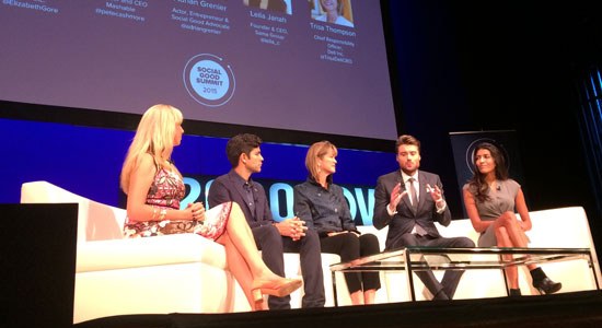 On stage at Social Good Summit, Elizabeth Gore, Adrian Grenier, Trisa Thompson, Leila Janah, Pete Cashmore discuss Tech Disruptions for a Sustainable Future