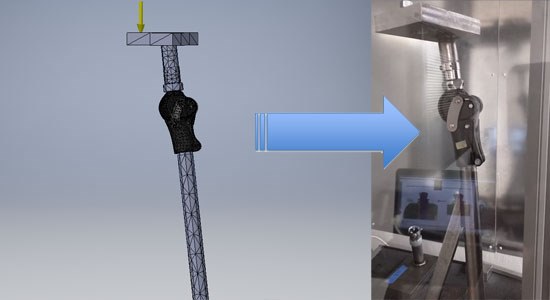 On the left, the ReMotion Knee in finite element analysis in Autodesk Inventor, on a 2014 Dell Precision workstation. On the right, the ReMotion Knee in our in-office test fixture.
