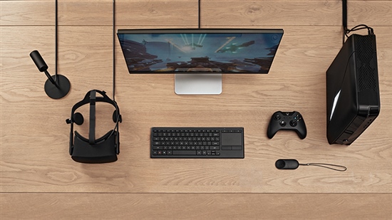 A Dell Alienware Oculus Ready setup on a desk - top view